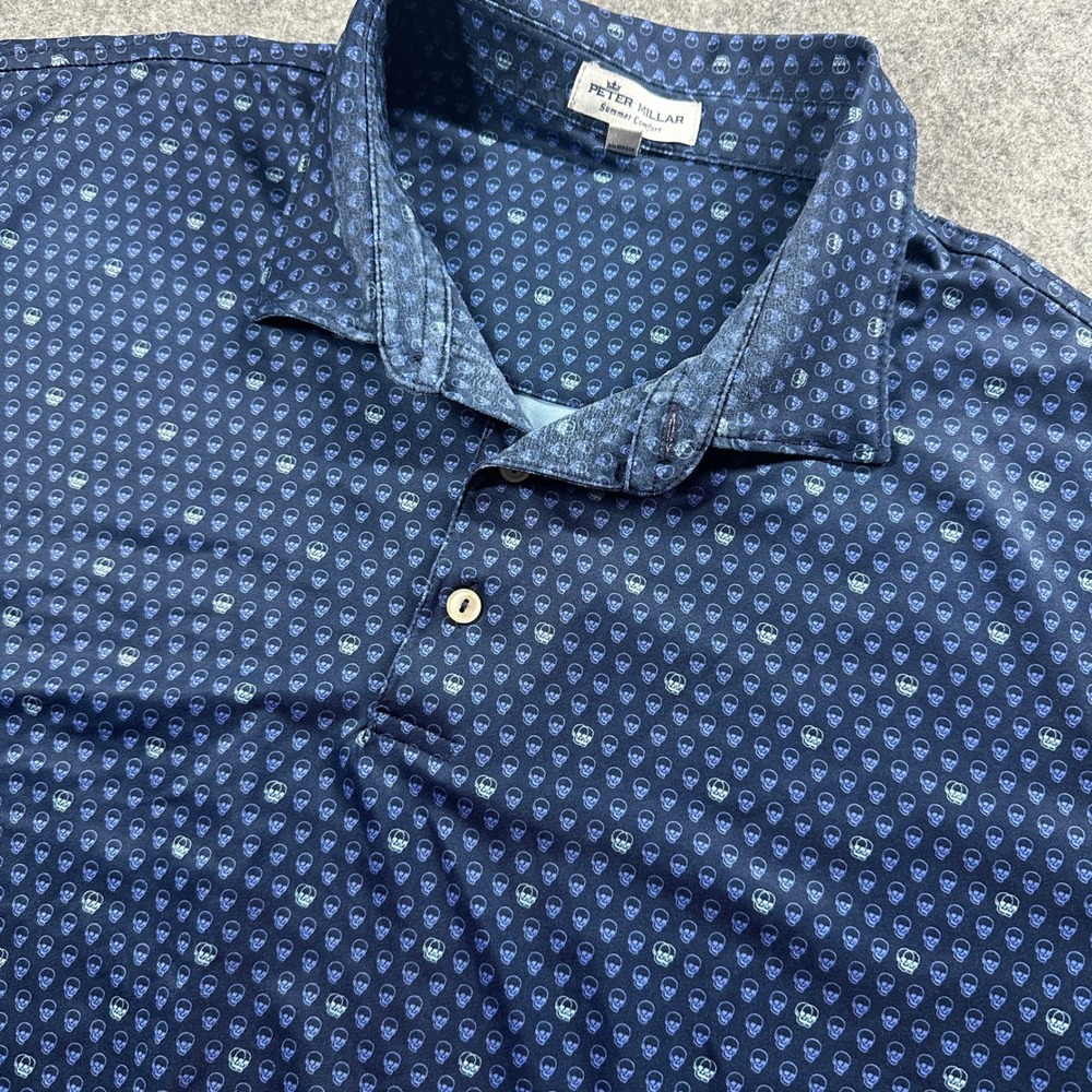Peter Millar Polo Shirt Mens XL Blue Skull Crown Summer Comfort Performance Golf